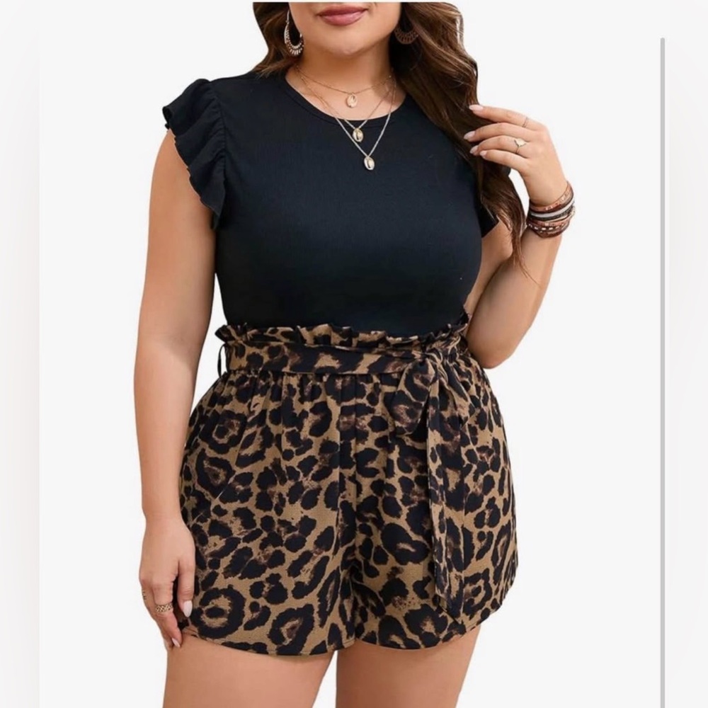 Black Ruffle Sleeve Top with Leopard Print Shorts